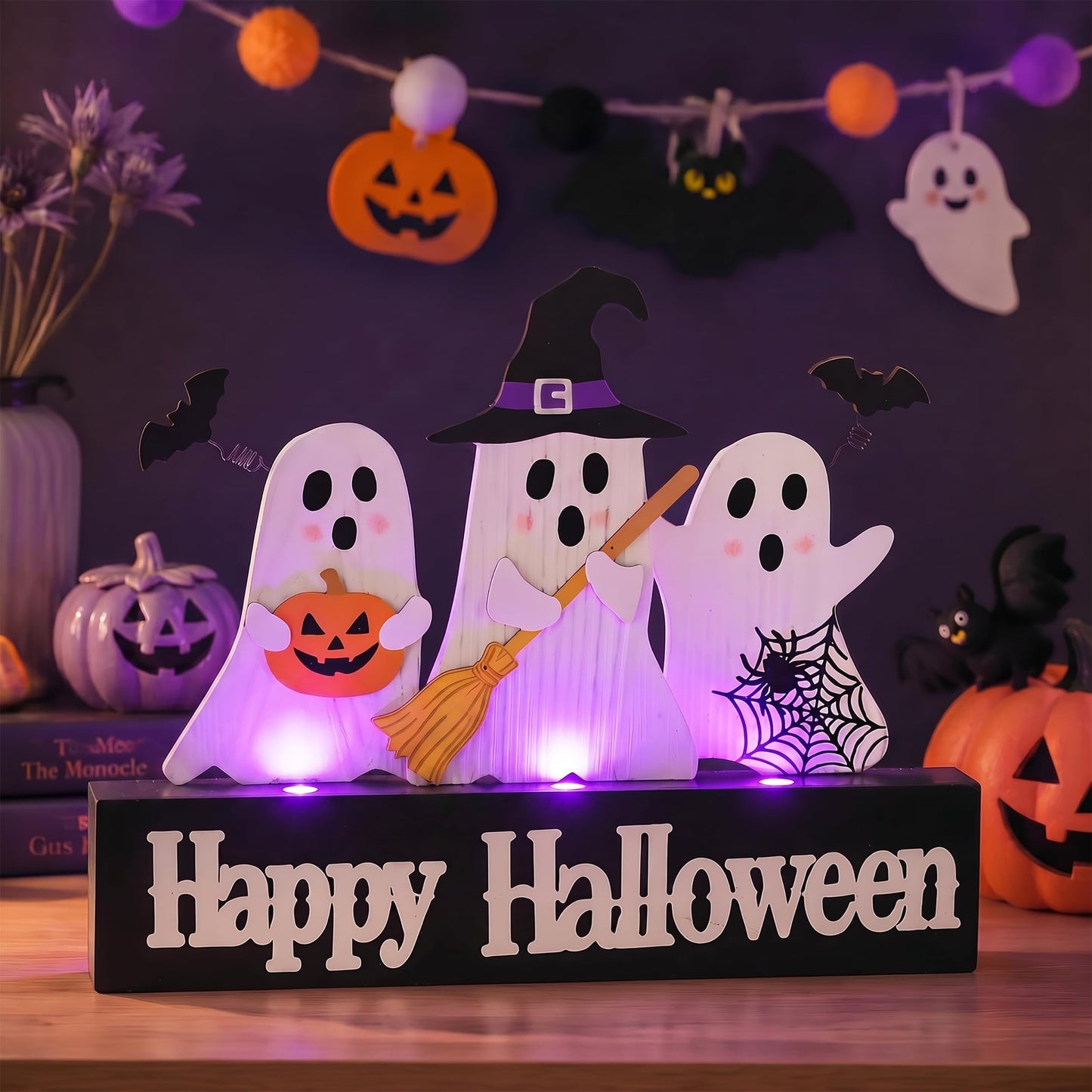 Valery Madelyn Halloween Decorations with Purple LED Lights, Lighted Halloween Ghost Decor, Tabletop Sign with Witch Hat Broom Bats Jack O Lantern for Home Party Indoor, 8 Inch