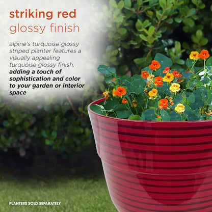 Alpine Corporation TWM120RD Indoor/Outdoor 13" Round Striped Planter, Glossy Planter with Drainage Hole and Plug, Red