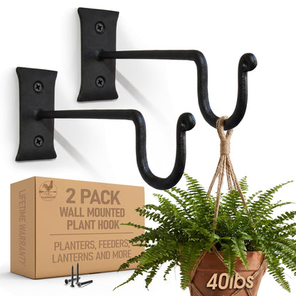 Hooks for Hanging Plants (2 Pack) Perfect for Hanging Planters for Indoor Plants or Outdoor Plants - Non Rusting Wall Hooks for Hanging Plants, Baskets, Lanterns, Feeders (7.5 inches, Black)