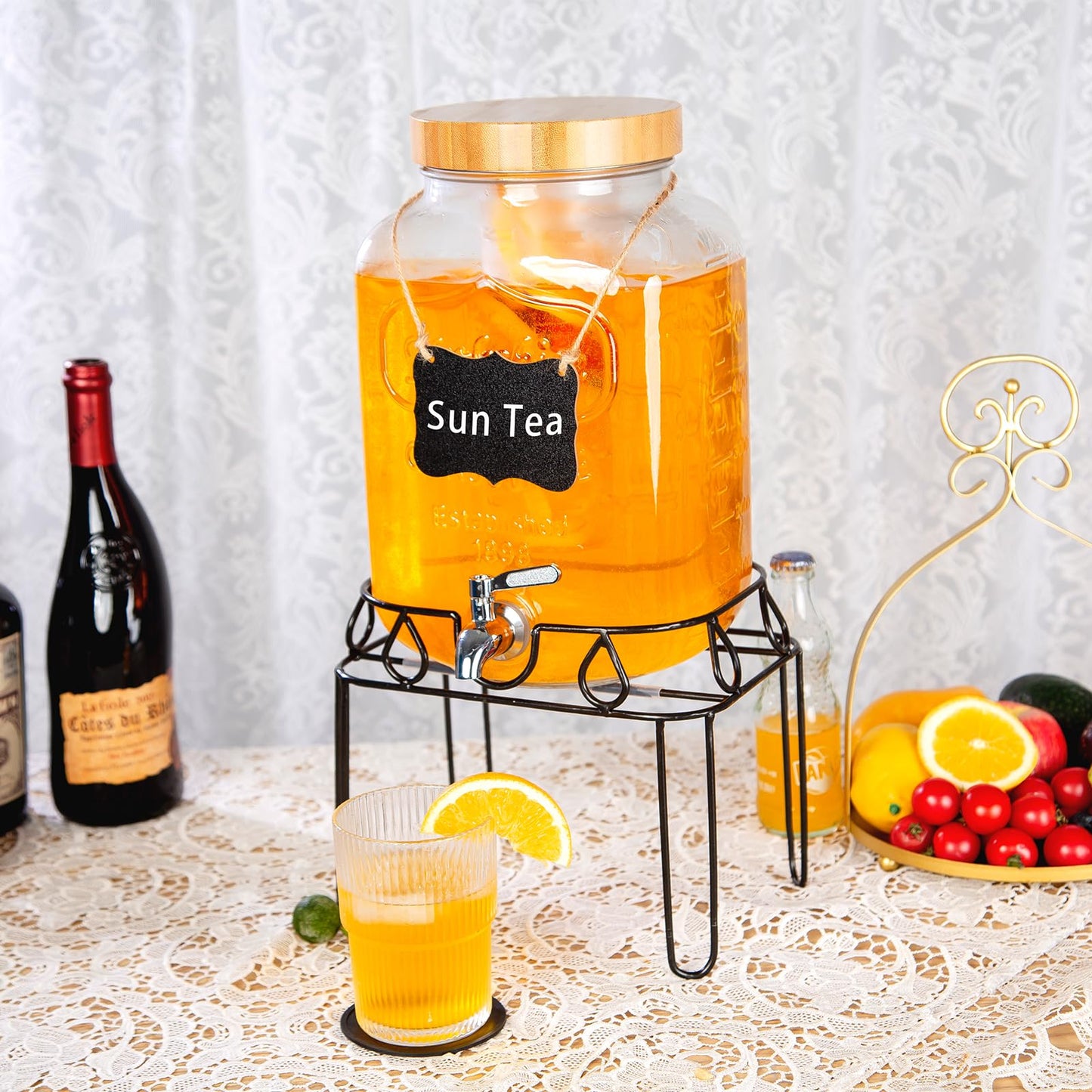 2 Gallon Glass Drink Dispenser with Stand and Bamboo Lid, Lemonade Dispenser with Stainless Steel Spigot, Glass Beverage Dispenser for Parties, Weddings, Kombucha, BBQ