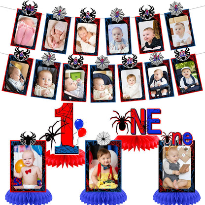 Spider 1st Birthday Party Decorations, Spider Web 12 Monthly Milestone Photo Banner Baby First Year Down Cartoon Spider Theme Photo Table Centerpiece for Boy Spider First Theme Party