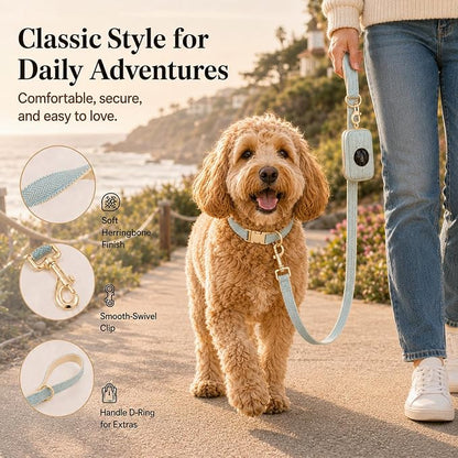 Herringbone Tweed Dog Collar and Leash Set for Small Dogs, Light Blue | Snag-free, no-rub design. Soft breathable cotton, gentle on fur. Adjustable durable matching combo for walks & outdoors.
