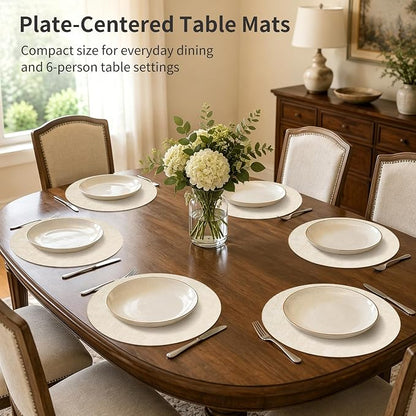 Maxpearl Round Placemats Set of 6, 13.8 inch Faux Leather Heat Resistant Table Mats, Non Slip Waterproof Wipeable Place Mats for Kitchen Dining Holiday Party Table Settings, Beige