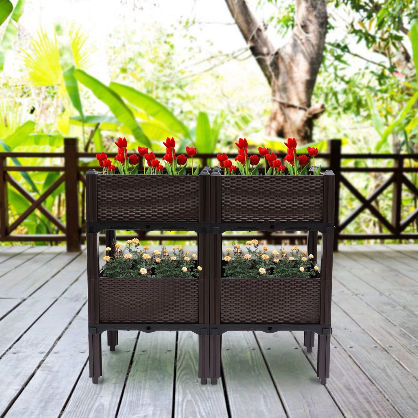 DYRABREST Set of 4 Raised Garden Bed Self-Watering Plastic Planter Box Stand with Legs, Sun and Frost Resistant Planter Outdoor Vegetable Growing Bed for Flower Herb Backyard, Patio, Balcony