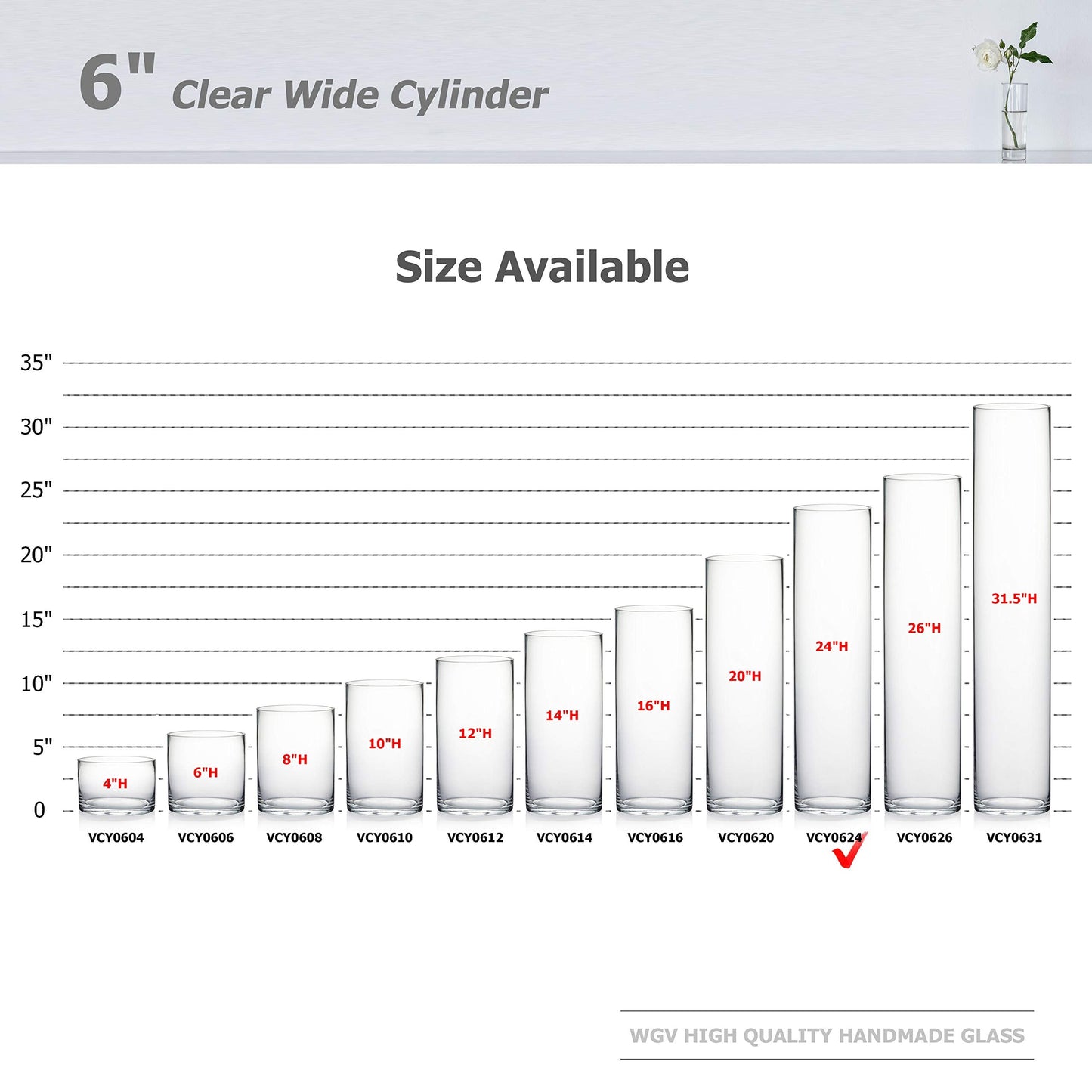 WGV Cylinder Vase Bulk, Width 6", Height 24", Clear Tall Glass Container Terrarium Candle Holder for Wedding Centerpiece, Party Event, Home Office Decor, 6 Pieces