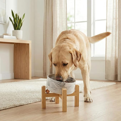 hjn Elevated Ceramic Dog Bowl 15°Slanted Raised Dog Bowl with Bamboo Stand for Small Medium Dogs and Cats, Pet Feeder -7.6-Cup (1800ml)-Marble Gray