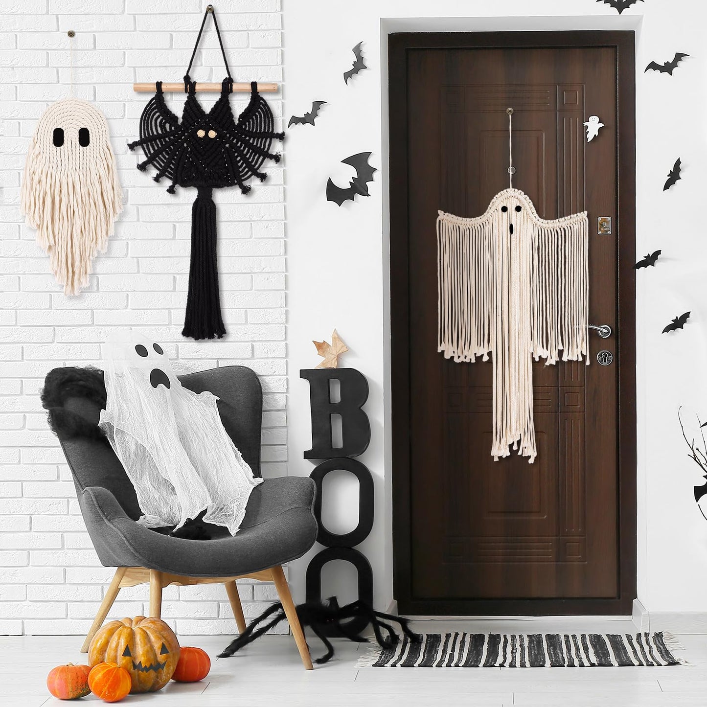 Remagr 3 Pcs Halloween Macrame Ghost Bat Wall Decor Handmade Ghost Wall Hanging Halloween Boho Decorations, Spooky Season Decor for Home Decorations