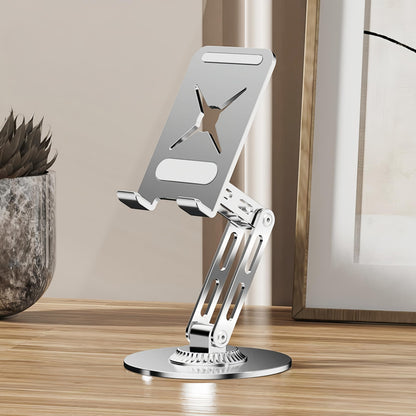 Briteroh All-Metal Cell Phone Stand 360° Rotatable & Height Adjustable - 25KG Super Load-Bearing, Foldable Desk Stand for Phone, Compatible with iPhone 17/16/15/14, Nintendo Switch, Silver