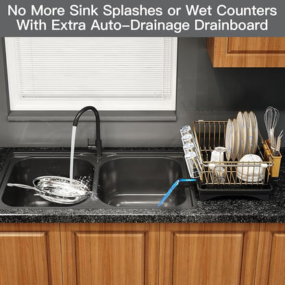 MAJALiS Gold Dish Drying Rack Over Sink with Utensil Holder, Drainboard | Expandable Stainless Steel Dish Drainer for Small Kitchen, Apartment, RV, Counter Space Saving, Perfect Fit, Rustproof