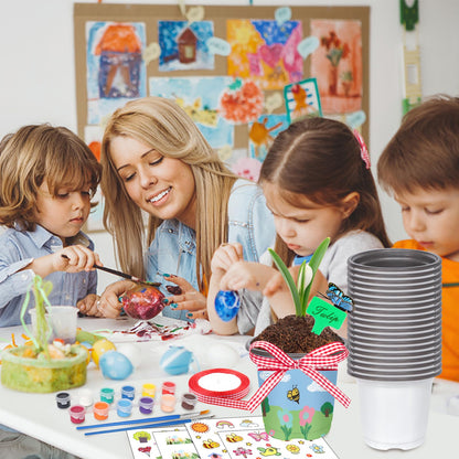 Garden Plastic Pot Craft Kit 50 Nursery Pots with 32 Stickers 50 Plant Labels 4 Painting Tools and 1 Ribbon for Flower Plant Spring Summer Graduation DIY Crafts Painting Gardening Growing Tools