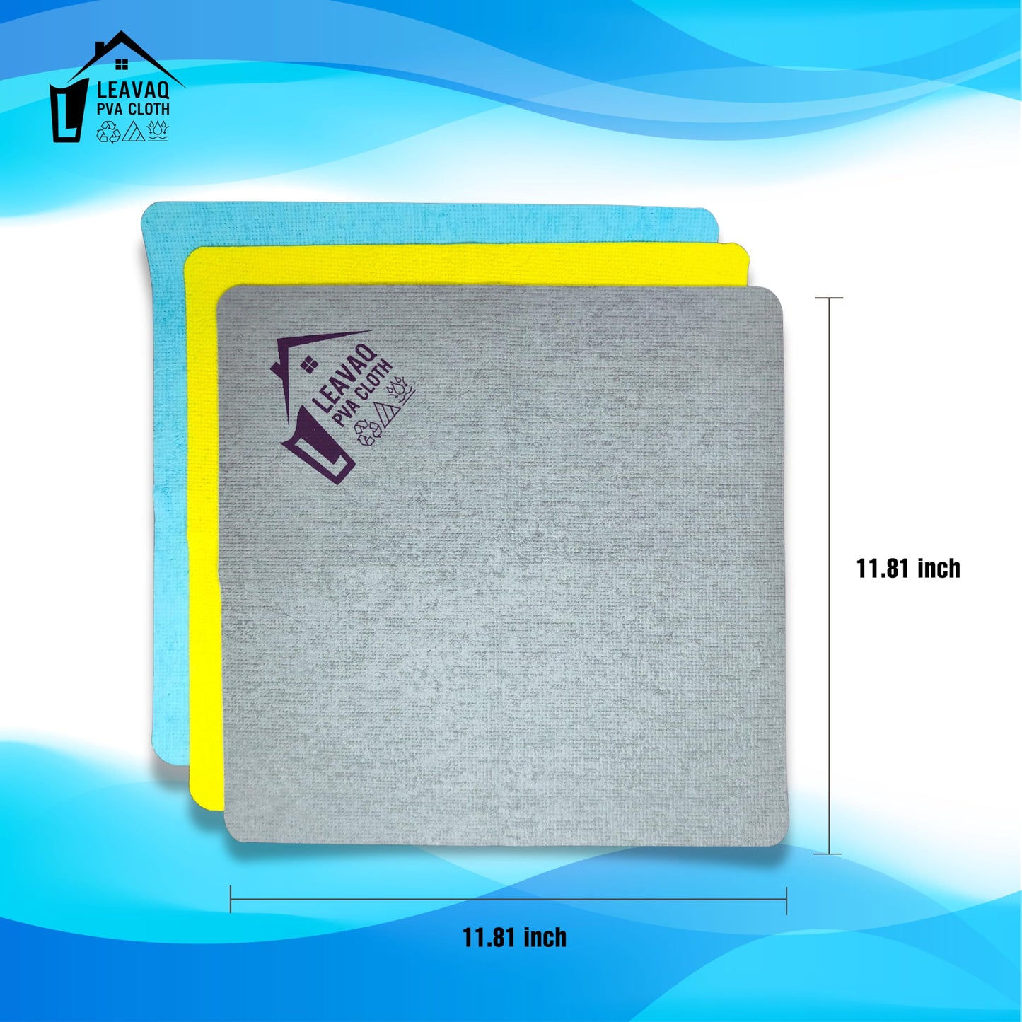 Leavaq PVA Microfiber Cleaning Cloth 3-Pack — Streak-Free Shammy Towel, Super Absorbent Chamois Cloth for Kitchen, Glass, Mirror, Bathroom | No Chemicals Needed | Reusable 12"x12"