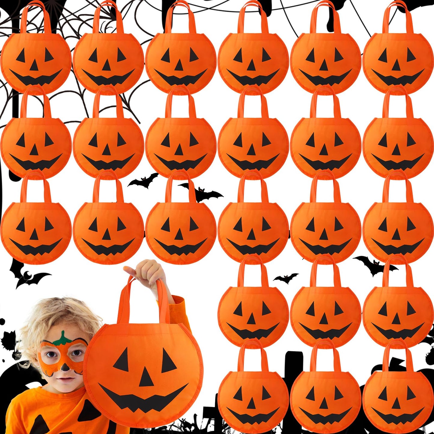 Cunno 24 Pcs Halloween Pumpkin Bags 11.8 x 9.8 Inches Non Woven Trick or Treat Bags Pumpkin Face Candy Goody Tote Gift Bucket Bag with Handles for Halloween Party Favors Supplies