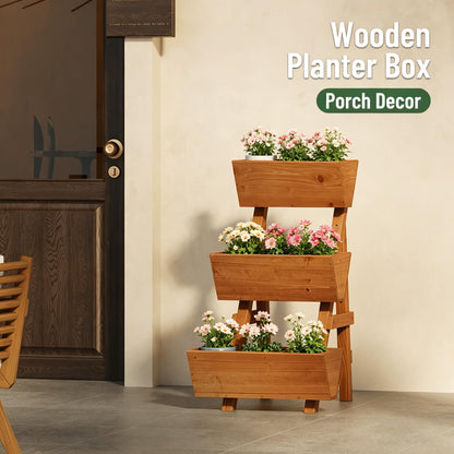 Vertical Wooden Raised Garden Bed, Garden Planters Freestanding Wood Plant Stand Flower Rack Wooden Planter Box for Plants Herbs Flowers Vegetables Outdoor Indoor Gardening (3-Tier Small Brown)