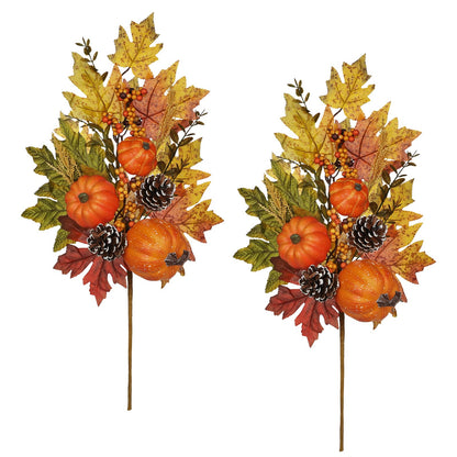 Artificial Fall Branches Table Centerpieces, Fake Pumpkins Pinecones Maple Leaves with Berries, 23.6" Fall Stems for Vase Falls Floral Stems Autumn Décor Farmhouse Kitchen Table Decorations 2 Pcs