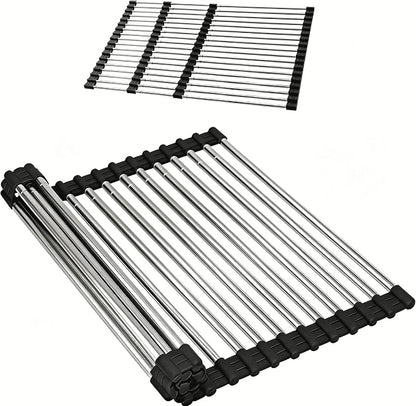 CHIRISEN Expandable Roll Up Dish Drying Rack Large, Foldable Over The Sink Dish Drying Rack, Collapsible Stainless Steel Drainer Over Sink Dish Drying Rack for Kitchen Counter (Black, 21.25''x12.79'')