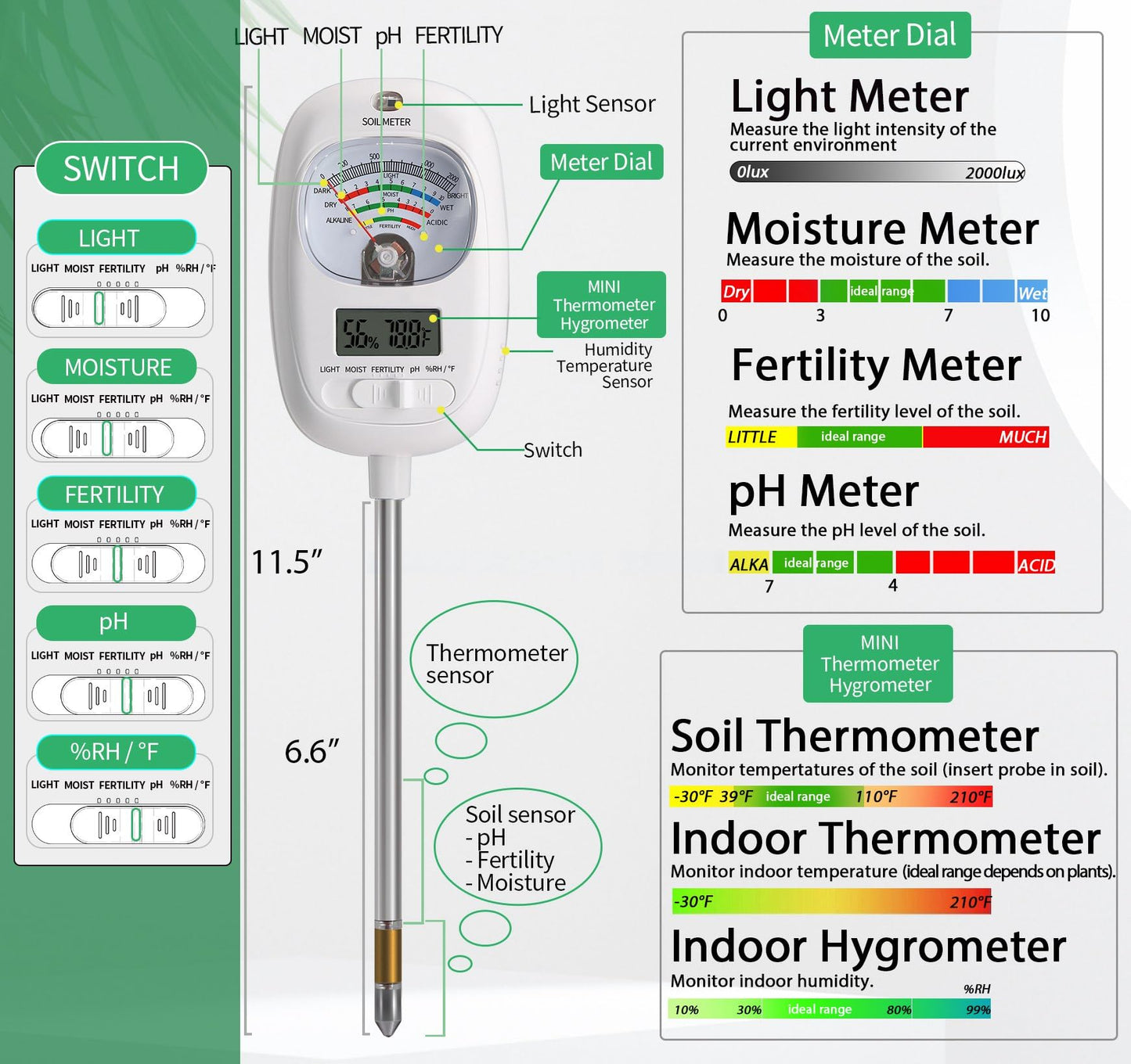 HSLGOVE Soil Test Kit, 7-in-One Soil Moisture Meter/Soil PH Meter/Fertility, Dual Screen Soil Tester w/Digital Soil Temp/Air Temp&Humidity for Plants Gardening,Lawn,Farm Indoor&Outdoor-Lvory White