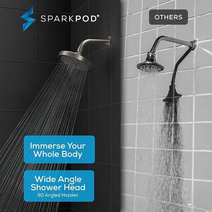 SparkPod Rain Shower Head, 6 Inch Round | High Pressure Shower Heads, 90 Nozzle (Touch-to-Clean), Adjustable Showerhead, No-tool Universal Connection