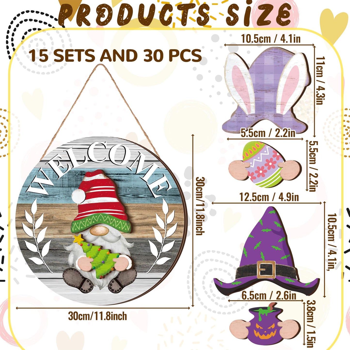 Qunclay Antique Interchangeable Wooden Gnome Decor Holiday Seasonal Gnome Decorations with Magnet Pieces and Detachable Hats Changeable Welcome Sign for Home