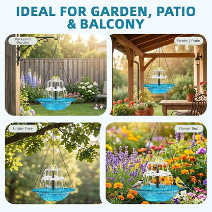 Solar Fountain for Bird Bath, Hanging Cascade Water Feature for Outdoor Garden & Yard Decor, Creates a Relaxing Flow that Attracts Birds (Blue(XL))