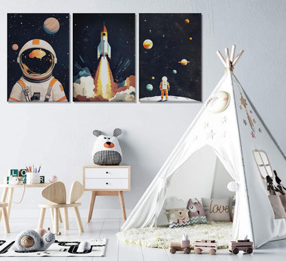 3Pcs Space Astronaut Canvas Wall art Cute Astronaut Nursery Galaxy Posters Modern Space Themed Print Rocket Pictures Toddler Boy Room Wall Decor for Adventure Kids Bedroom Nursery Room Framed