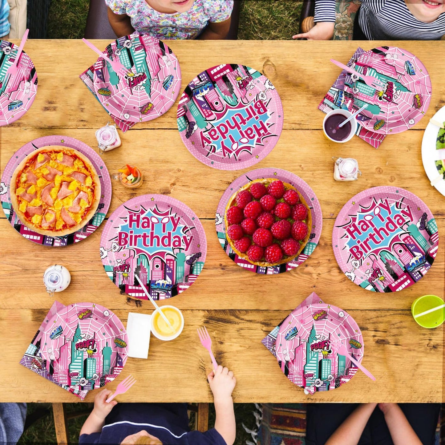Grencian 96 Pcs Pink Spider Birthday Party Supplies Super Girl Hero Paper Plates and Napkins Spider Pink Ghost Decorations Tableware Set for Girls Birthday Baby Shower Serves 24
