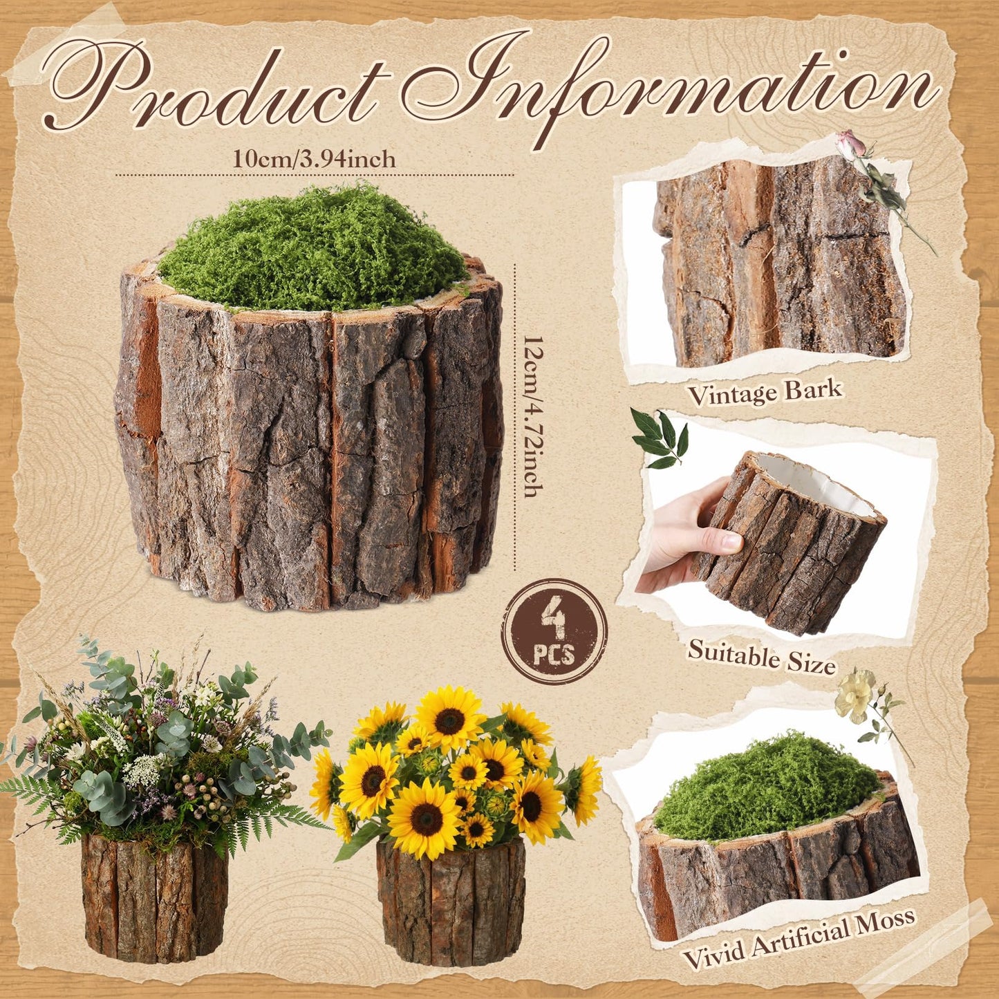 RimCereal 4 Set Wooden Vase for Centerpieces Wedding Flower Table Centerpieces Decor Rustic Bark Stump Bucket Farmhouse Wood Planter Pot for Woodland Party Window Home (Fake Green Moss,Large)