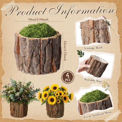 RimCereal 4 Set Wooden Vase for Centerpieces Wedding Flower Table Centerpieces Decor Rustic Bark Stump Bucket Farmhouse Wood Planter Pot for Woodland Party Window Home (Fake Green Moss,Large)