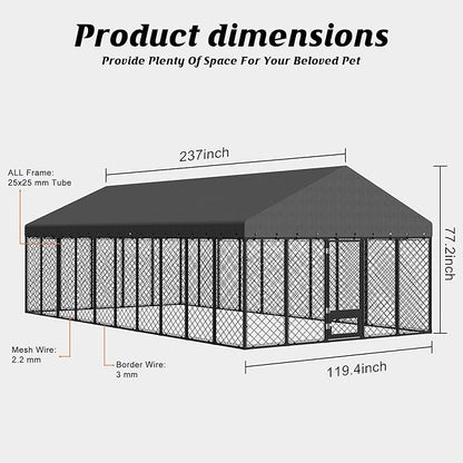 10x20FT Outdoor Dog Kennel with Roof, Extra Large Heavy Duty Metal Dog Enclosure for Multiple Dogs, Secure Playpen with Lockable Gate & Feeding Door, Weather-Resistant Fence Run