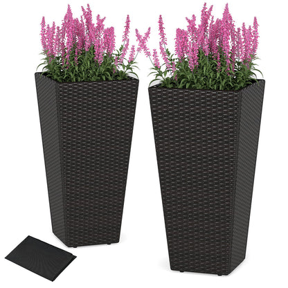 Giantex Set of 2 Outdoor Wicker Flower Pot, 30 Inch Tall Planters with Drainage System, PE Rattan Flower Pots, Indoor Outdoor Decoration for Front Porch Balcony Entryway, Dark Brown