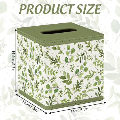 JarThenaAMCS Spring Greenery Tissue Box Cover with Magnetic Closure PU Leather Tissue Holder Green Leaves Square Napkin Box for Home Office Bedroom Countertop Decor