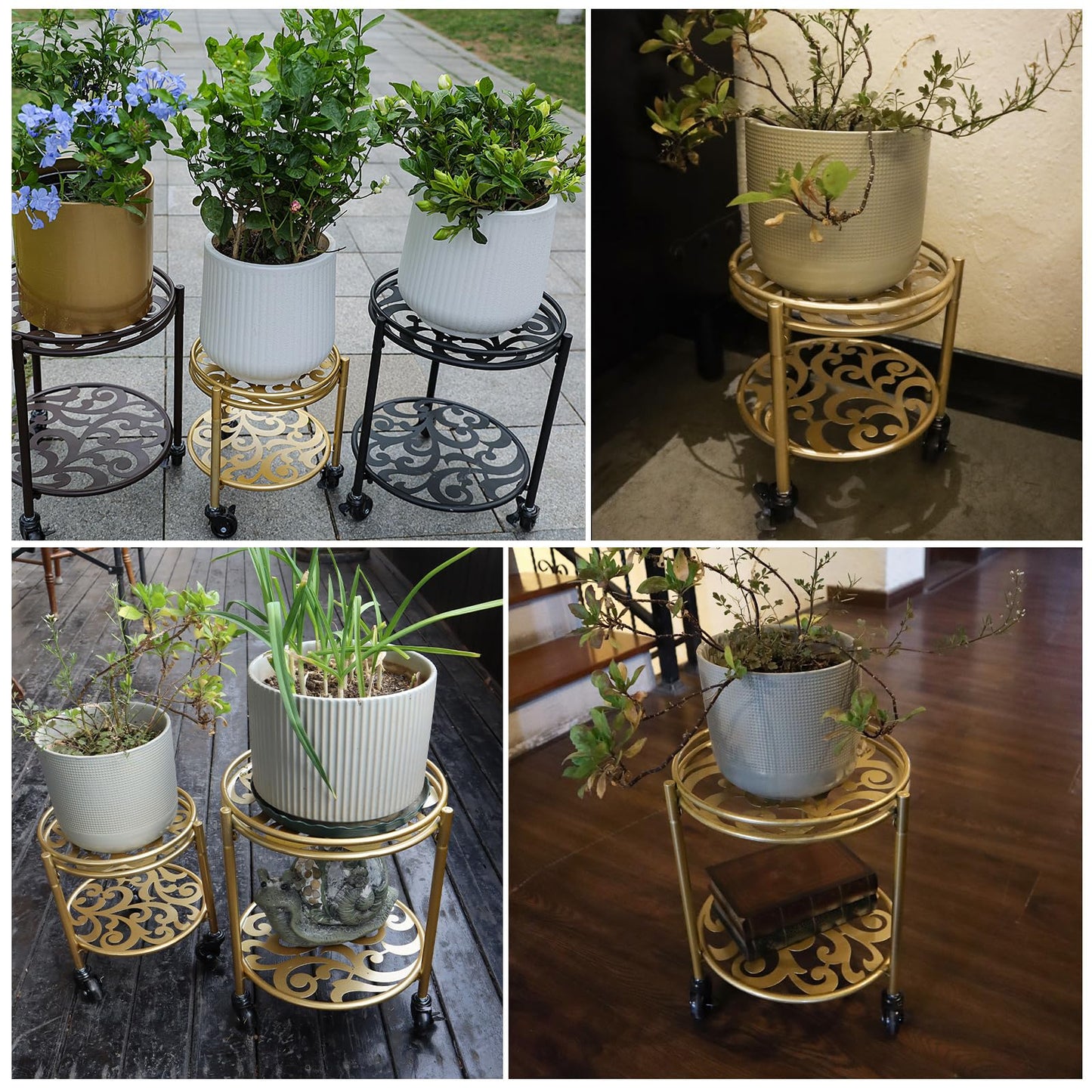 Rioneta Rolling Plant Stand with Wheels – 2 Tier Flower Pot Holder for Indoor & Outdoor, Easy Move Cart for Balcony, Patio, Garden, 165 lbs Capacity Golden
