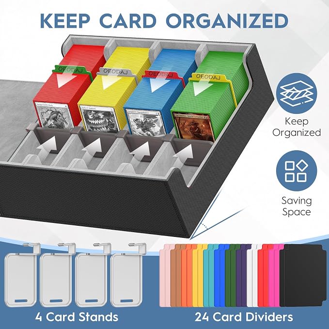 Trading Card Storage Box, 3200+ MTG Card Storage, 4 Row TCG Card Organizer Box with 24 Colorful Dividers and 4 Stands, Bulk PKM Storage, Deck Case Holder Fits for YuGiOh, Game Cards (Black & Gray)