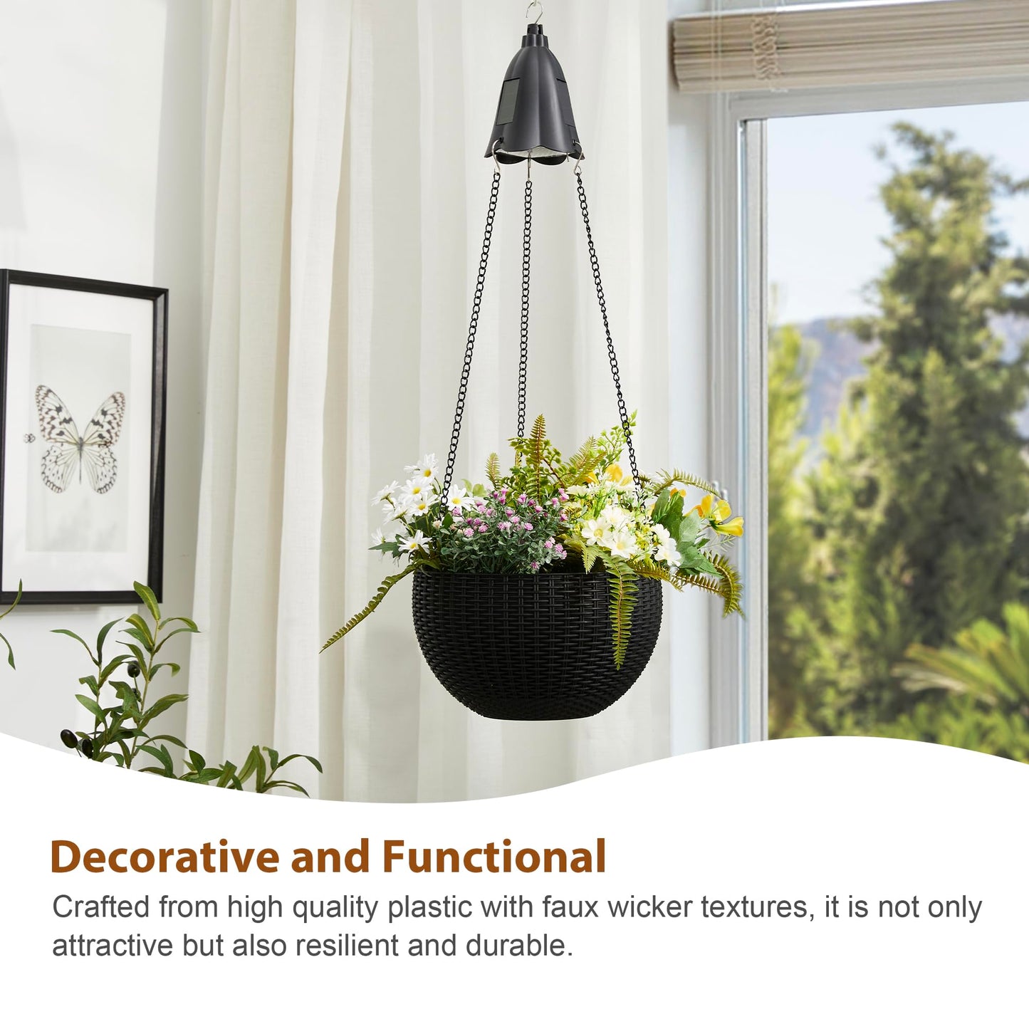 Glitzhome 30" H Plastic Hanging Planter with Solar Lights, Black Plant Basket Hanger with Chain for Outdoor Indoor Plants