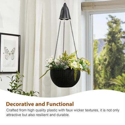 Glitzhome 30" H Plastic Hanging Planter with Solar Lights, Black Plant Basket Hanger with Chain for Outdoor Indoor Plants