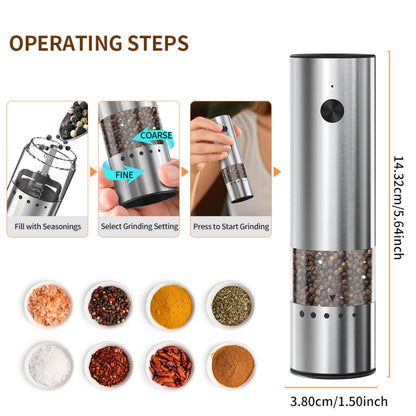 Mini Electric Salt and Pepper Grinder Stainless steel, USB Rechargeable, Small Automatic Salt Pepper Mill Grinder, Travel/Outdoor BBQ/Children, One-Button Control,External Adjustable Coarseness