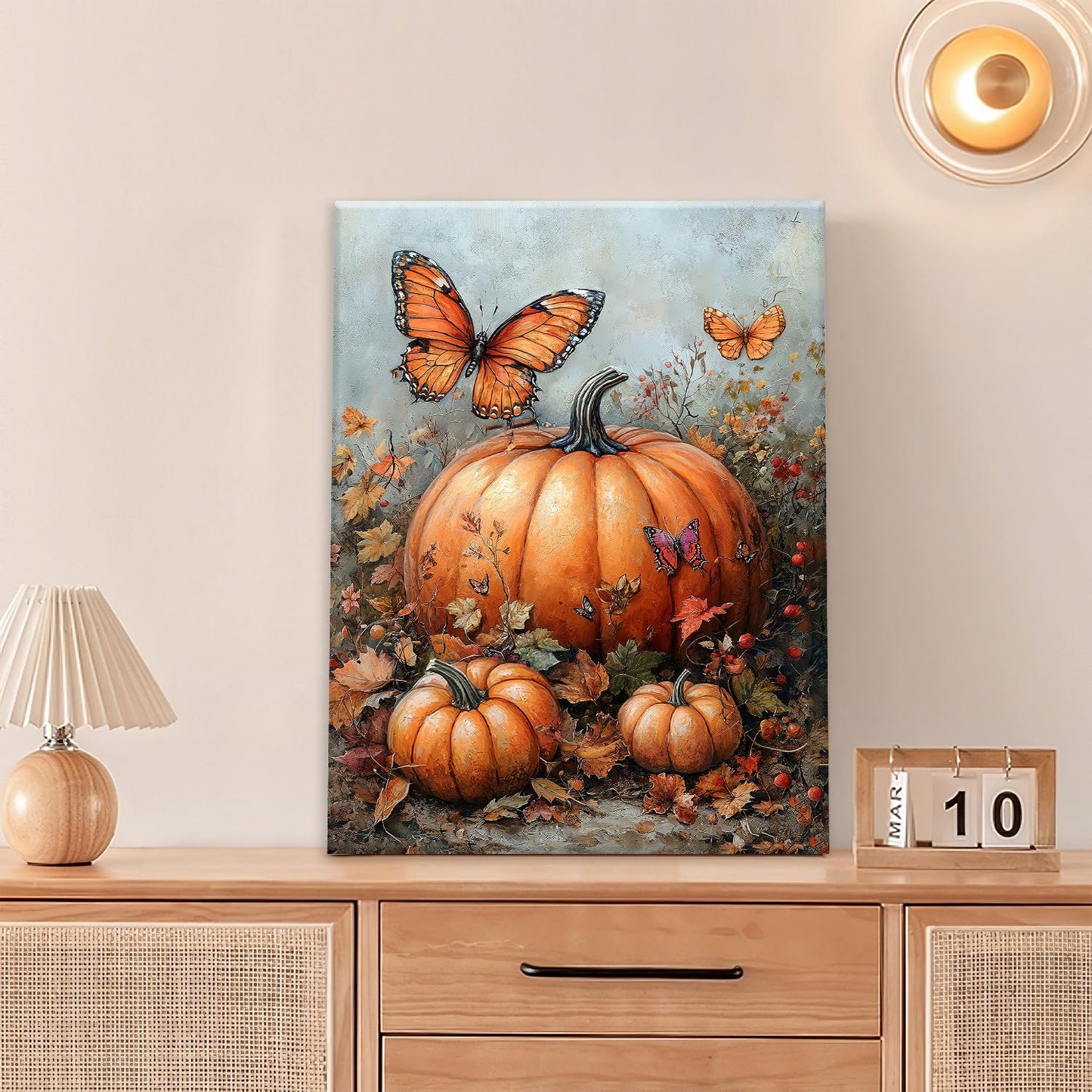 Fall Pumpkin Pictures Wall Art, Rustic Thanksgiving Bathroom Wall Decor, Farmhouse Autumn Butterfly Framed Painting Canvas Artwork for Harvest Gift Bedroom Living Room Decorations 16" L x 12" W