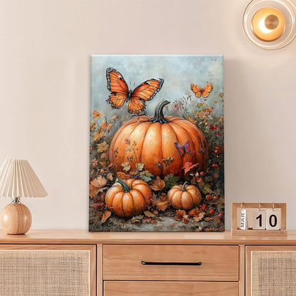 Fall Pumpkin Pictures Wall Art, Rustic Thanksgiving Bathroom Wall Decor, Farmhouse Autumn Butterfly Framed Painting Canvas Artwork for Harvest Gift Bedroom Living Room Decorations 16" L x 12" W