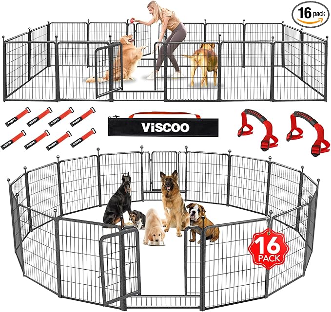 VISCOO Dog Playpen Outdoor, 16 Panels 32" H Dog Pen Indoor, Metal Dog Fence Outdoor, Pet Fence for Large/Medium/Small Dogs, Indoor Puppy Playpen, Foldable Heavy Duty Exercise Pen for RV,Camping,Yard