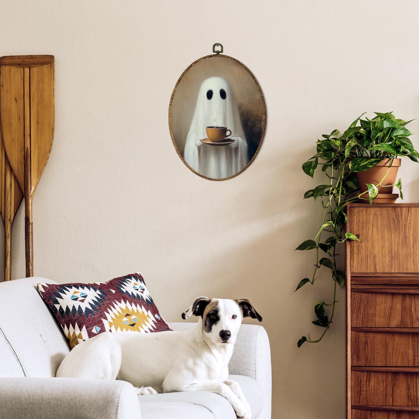 OINDADE Halloween Ghost Coffee Oval Wall Art Decor, Fall Spooky Coffee Ghost Wall Art Hanging Decor, Halloween Fall CoffeeLovers Framed Canvas Artwork for Kitchen Living Room Home, 8.8x11.5in