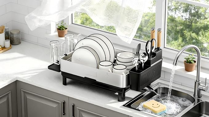 Ewaiira Dish Drying Rack, 304 Stainless Steel Dish Racks for Kitchen Counter, Dish Drainers with Automatic Drainage, Utensil Holder & Cups Holder, Space Saving Kitchen Organizer, Black
