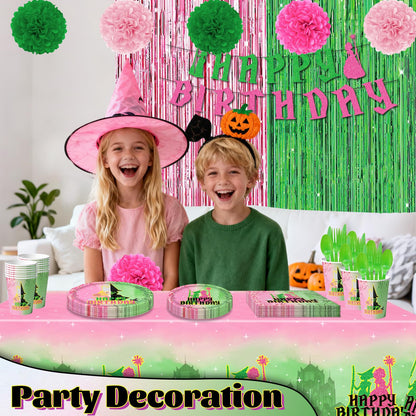 179Pcs Pink and Green Witch Party Decorations Tableware,Witch Table Centerpieces Movie Themed Birthday Party Supplies Include Banner Paper Pom Poms Plates Knives Forks Cups Set for Severs