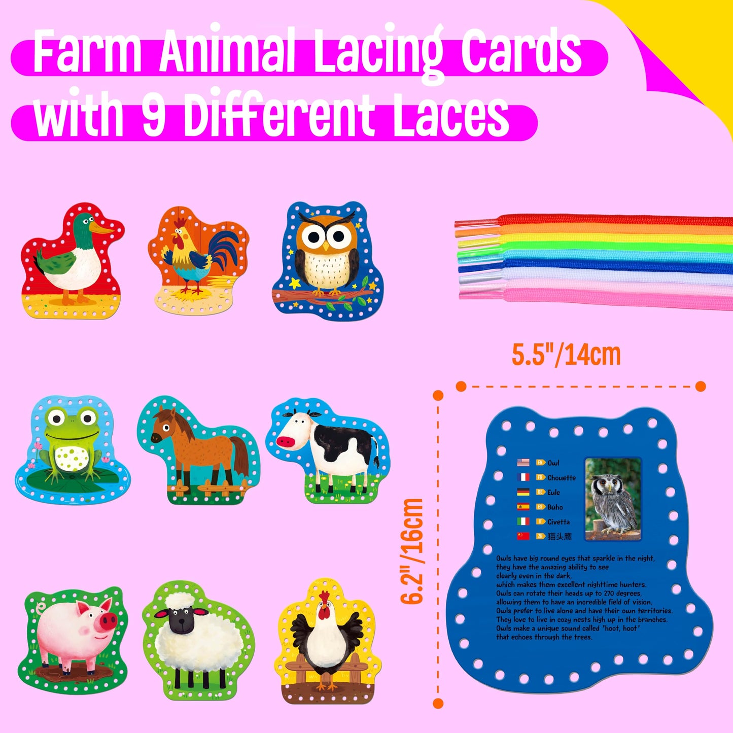 SpriteGru 9 PCS Kids Lacing Cards, 9 Double Sided Farm Animals Sewing Cards with 9 Colorful Laces, Educational & Learning Toys for Preschoolers, Kids Ages 3+