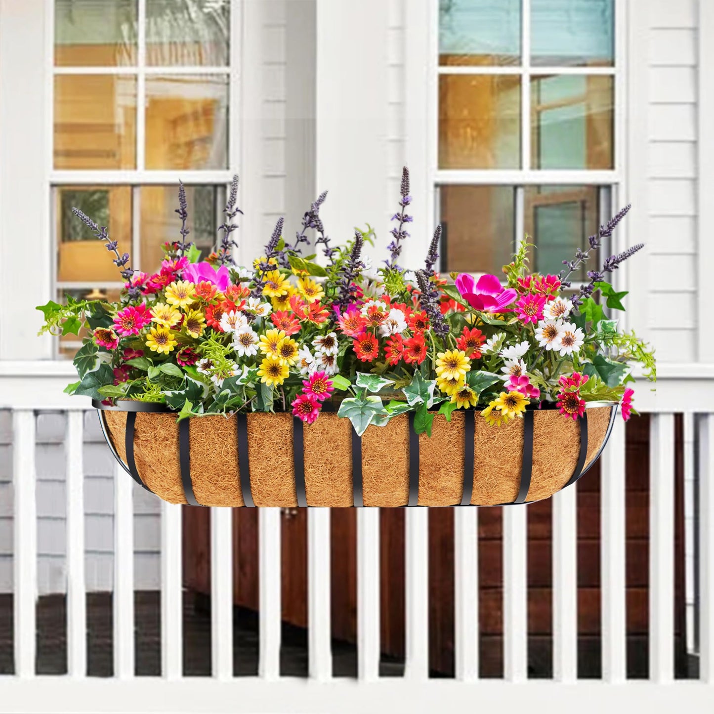 LAWYAMAI 30 Inch 4 PCS Window Box Deck Railing Planter with Coco Liners, Hanging Flower Planters Black Metal Baskets for Indoor Outdoor, Balcony, Porch, Fence, Lawn and Patio