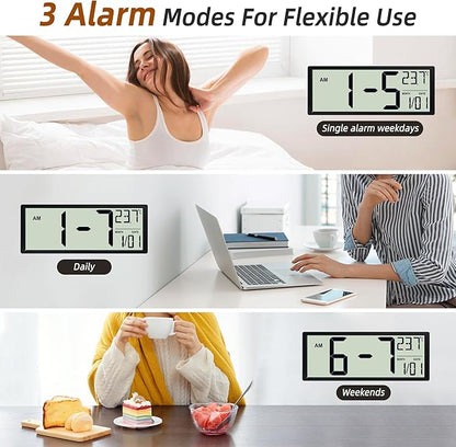 16" Digital Wall Clock, Battery-Operated with Large LCD Display, Jumbo Number Modern Decorative Clock with Alarm, Date, Calendar, Temperature for Elderly, Senior Bedroom, Living Room, Kitchen