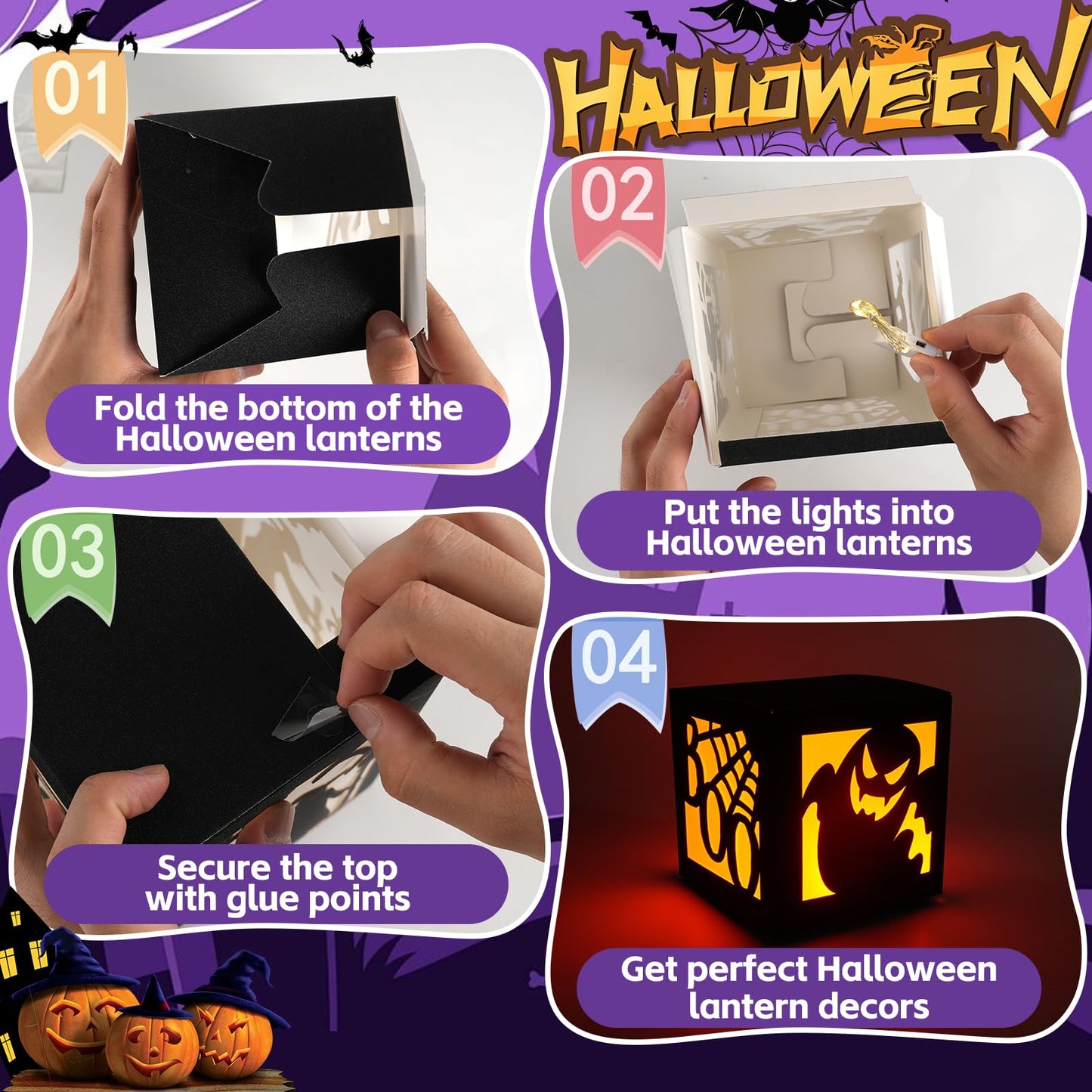 OuMuaMua 6 Pcs Halloween Table Decorations Indoor Halloween Table Centerpieces Boxes, Light up Paper Pumpkin Lanterns with Witch Spider Ghost Patterns for Spooky Party Supplies Home Decor