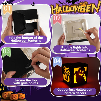 OuMuaMua 6 Pcs Halloween Table Decorations Indoor Halloween Table Centerpieces Boxes, Light up Paper Pumpkin Lanterns with Witch Spider Ghost Patterns for Spooky Party Supplies Home Decor