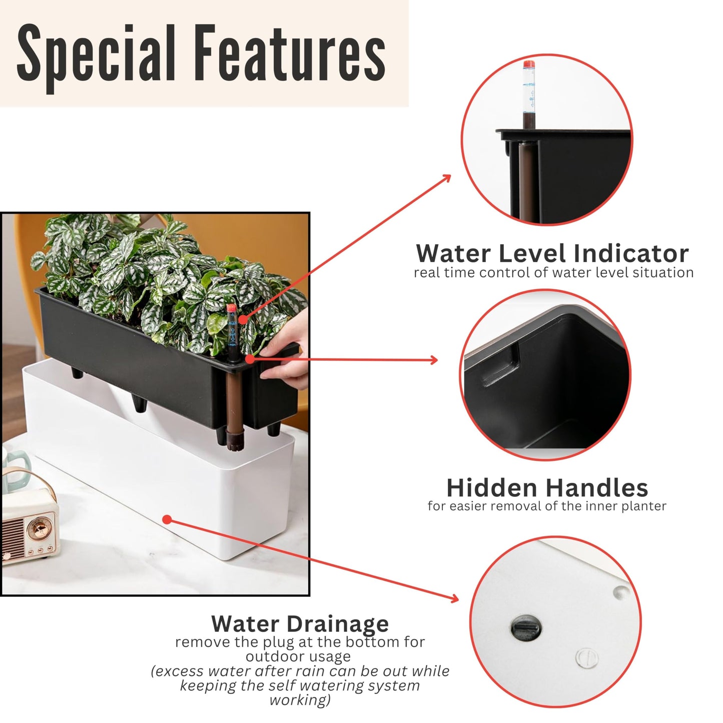 LaLaGreen Bundle- 2 Pack, 16 Inch Rectangular Self Watering Planter + 2 Pack, 16 Inch Hanging Metal Wire Basket with Coco Liner Modern Wall Flower Plant Herb Holder Porch Balcony Windowsill Box Indoor