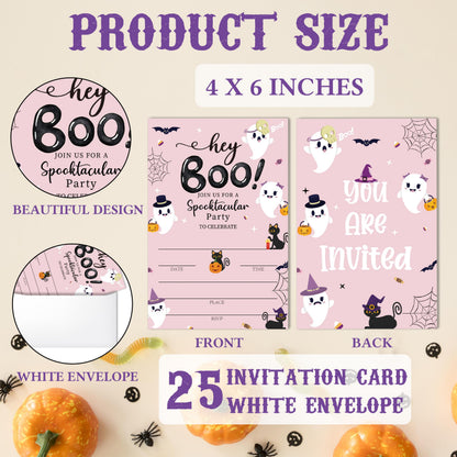 SIXEIGHT Pink Hey Boo Halloween Party Invitations, Cute Ghost Cat Halloween Invitations for Boys Girls, 25 Pack Pink Invite Cards with Envelopes, Wedding Birthday Baby Shower Party Decorations-E05