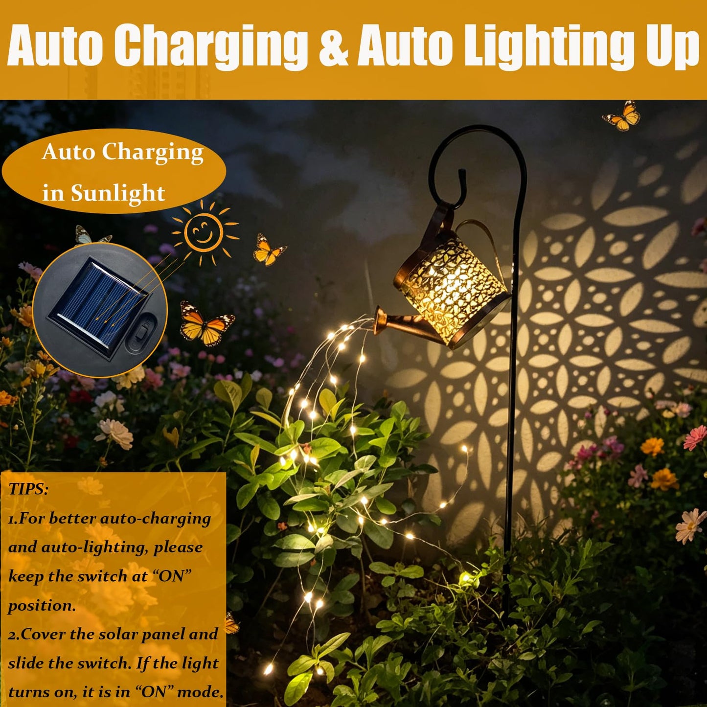 Solar Lanterns Outdoor Waterproof,Metal Watering Can Garden Decor Ornaments,Yard Art Hanging Path Lights,Outside Patio Decorations,Gardening Birthday Gifts for Mom Grandma Women,with Hook, Large