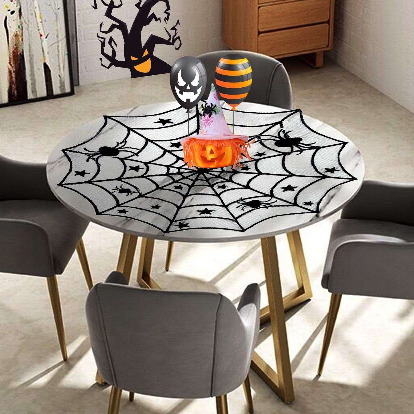 Tayfremn 3pack Halloween Decorations Set Halloween Tablecloth Black Lace Round Spider Cobweb Table Cover Fireplace Mantel Scarf Spiderweb Fireplace Scarf for Party